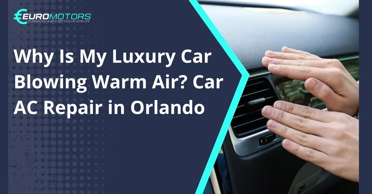 Luxury car AC repair graphic with hands adjusting air vents and text: 
