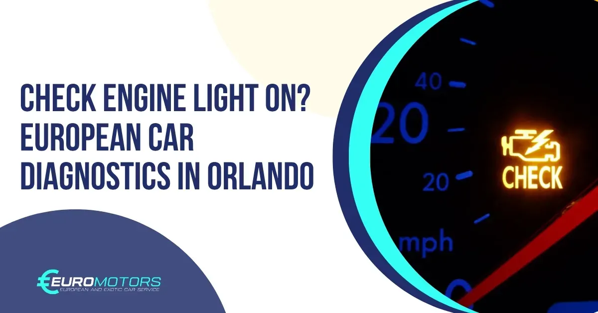 European car diagnostics ad with glowing check engine light on speedometer, reading “Check engine light on?”