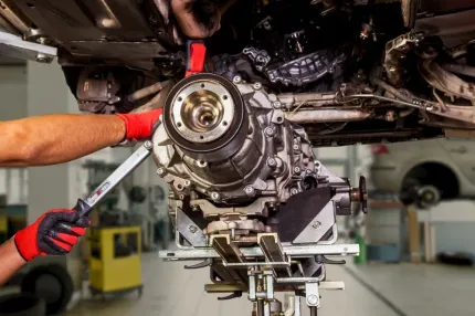 Mechanic under a vehicle using a wrench to work on the drivetrain in a garage