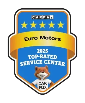 CARFAX Euro Motors 2025 Top-Rated Service Center badge with blue and gold stars, Car Fox mascot