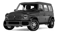 Black Mercedes G-Class SUV with oversized wheels on a white background