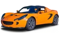 Orange sports car with black roof, shown in side view on a white background
