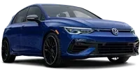 Blue Volkswagen sedan angled front view on a white background