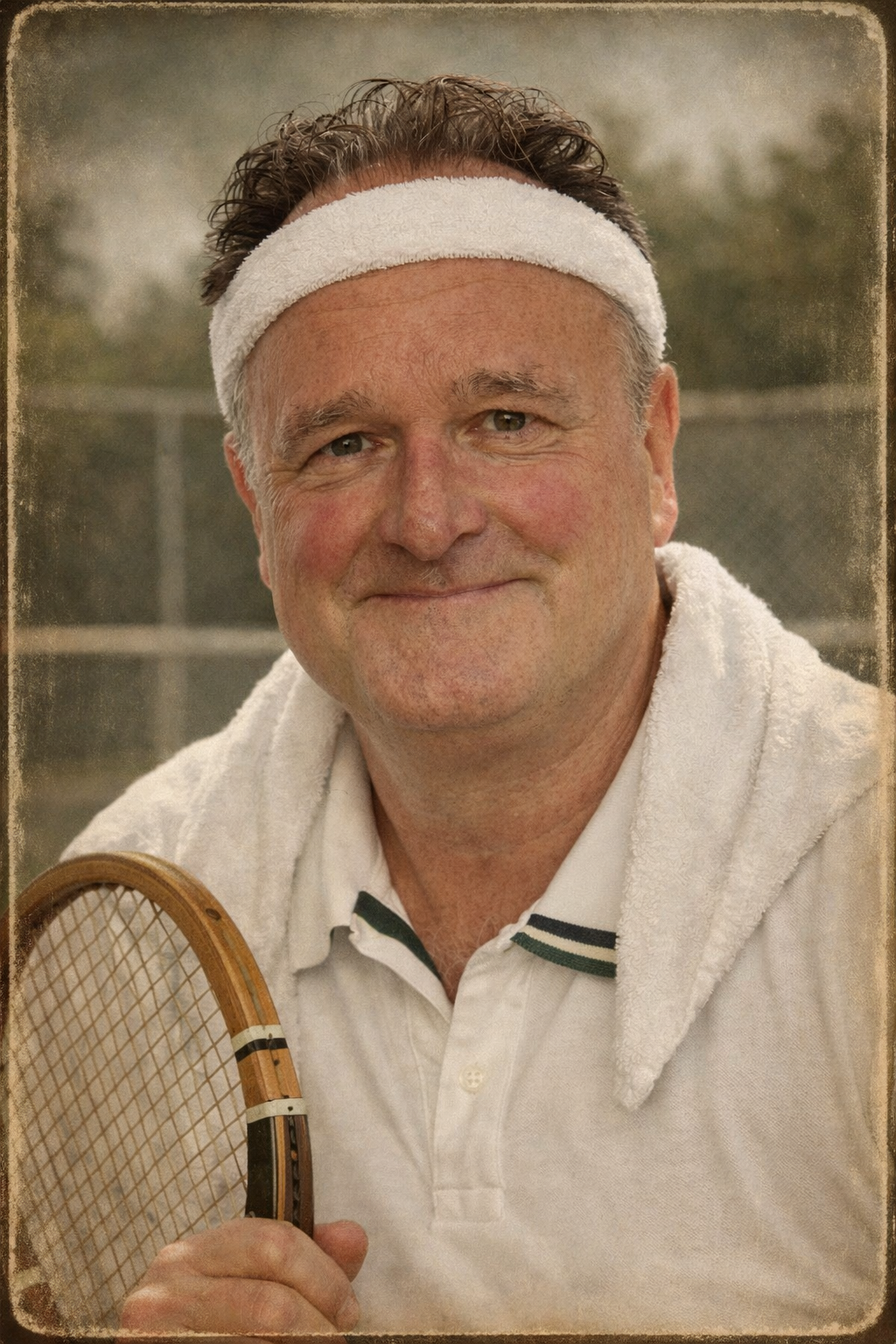 Een persoon met een witte hoofdband en shirt, die een vintage houten tennisracket