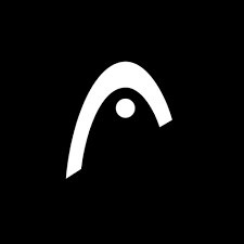 Het logo van het sportmerk HEAD bestaat uit een witte, gestileerde boog met een centrale stip op een zwarte achtergrond.