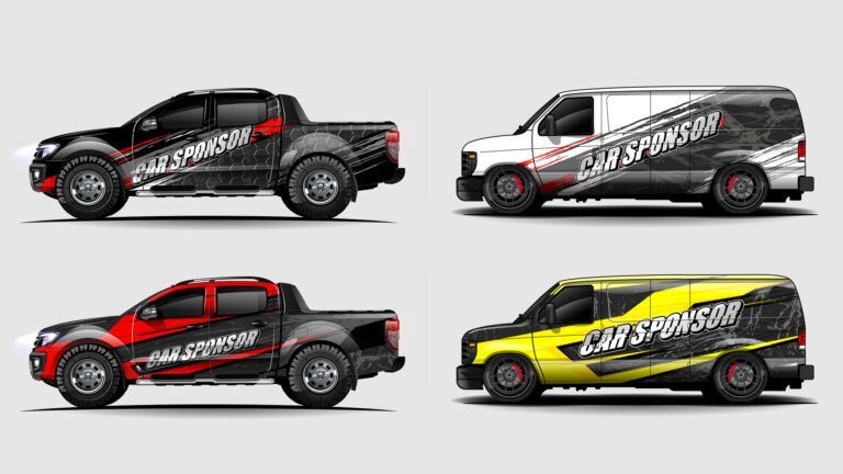 Four side-view race truck concept designs in black, red, white, and yellow liveries