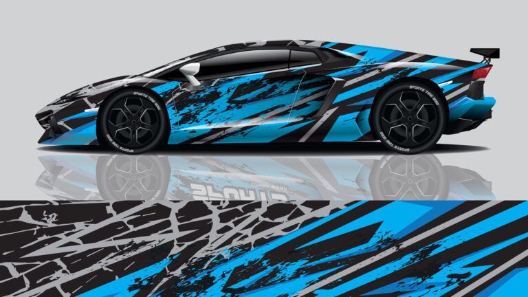 Black sports car with blue lightning graphics, shown in side view on a reflective surface.