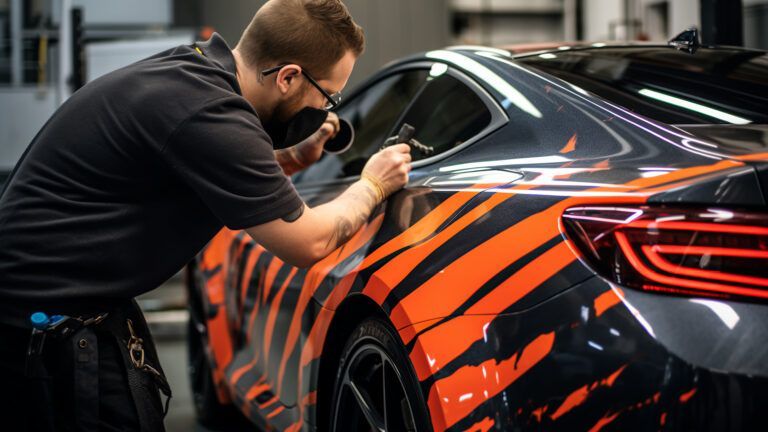 Person applying orange stripes to a black sports car in a workshop