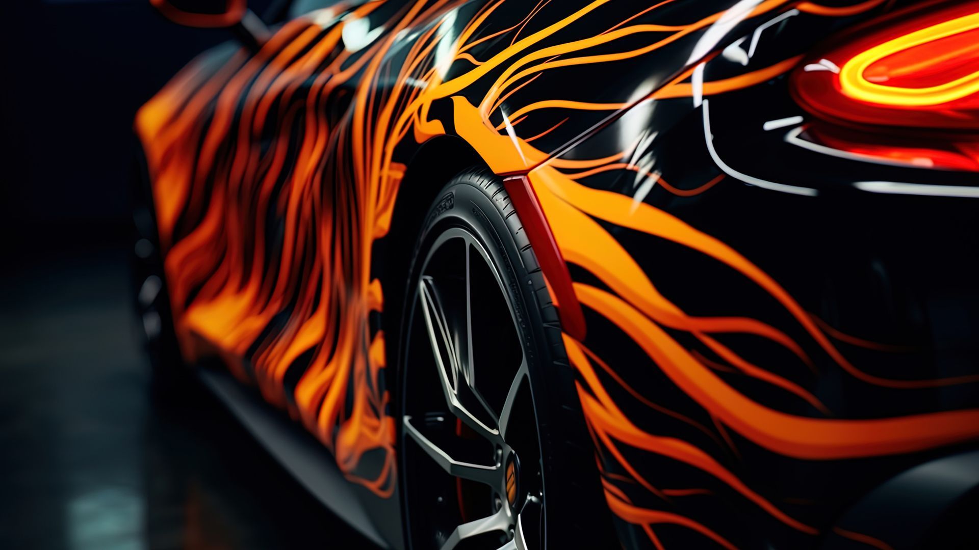 Black sports car with orange flame graphics and a glowing red headlight close-up