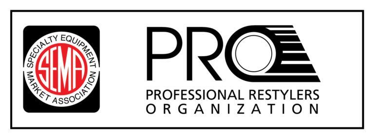SEMA and PRO logos: red-and-black SEMA seal beside black PRO Professional Restylers Organization text.