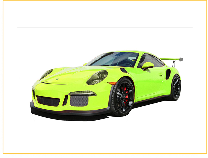 Lime green sports car with black wheels on a white background