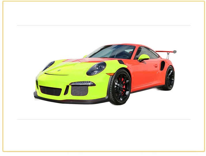 Neon green and orange sports car with black wheels on a white background