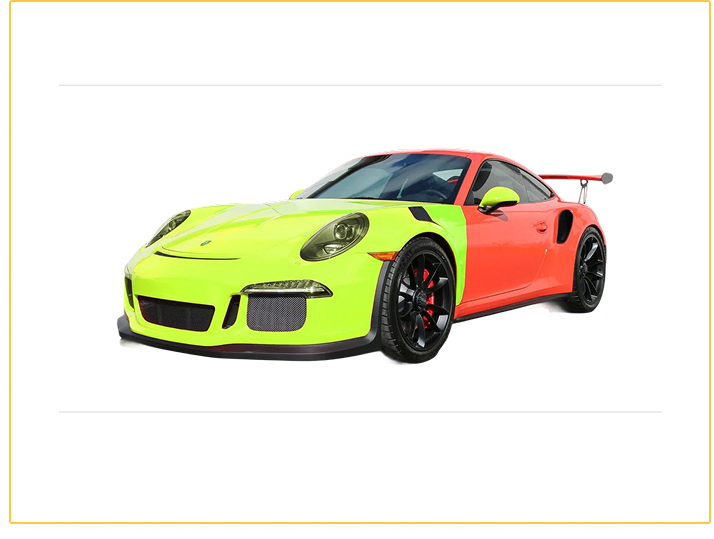 Bright green and orange sports car on a white background