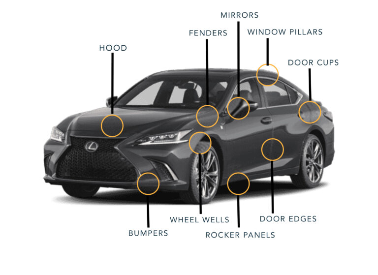 Black sedan with labeled body parts: hood, fenders, mirrors, window pillars, door cups, wheel wells, rocker panels, bumpers.