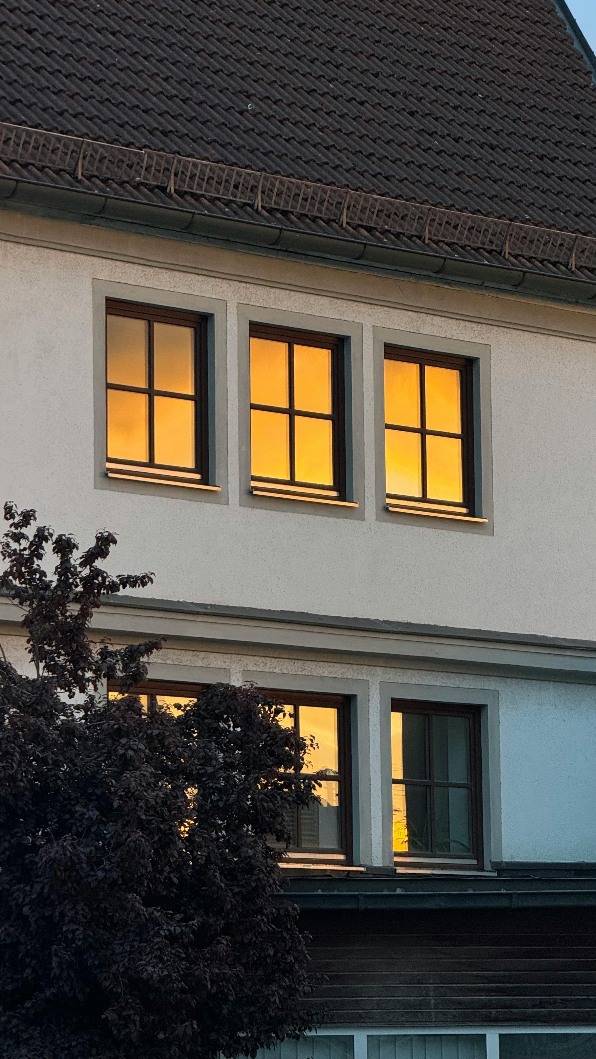 House facade with three warmly lit windows at dusk, partly framed by a tree