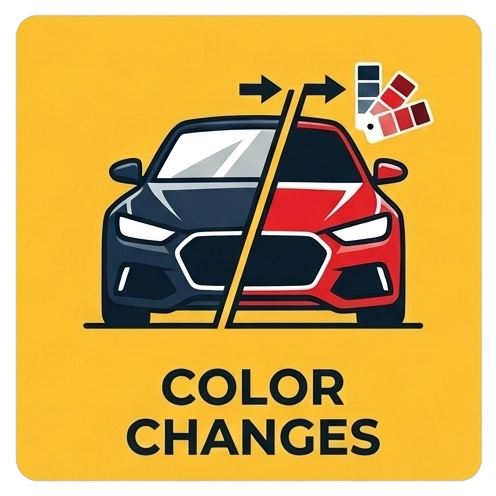 Car split into blue and red halves with arrows, labeled “COLOR CHANGES”
