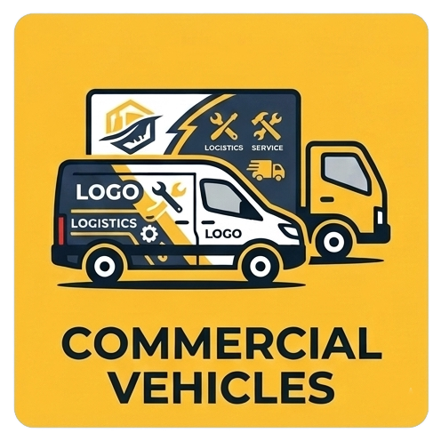 Yellow graphic of delivery vans with “COMMERCIAL VEHICLES” text and logo branding