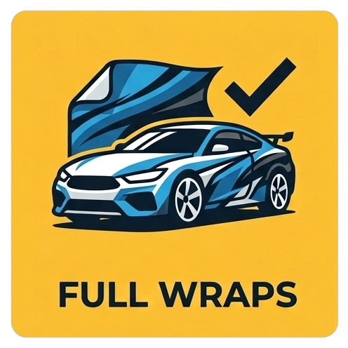 Blue and white sports car wrap graphic with check mark and “FULL WRAPS” text on yellow background