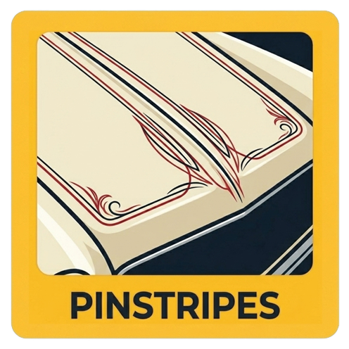 Stylized open book with red-and-black pinstripes on cream pages, labeled “PINSTRIPES” on a yellow border
