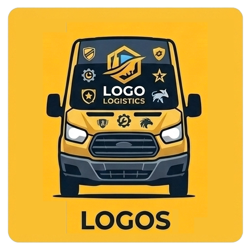 Yellow delivery van logo with “LOGOS” text and logistics icons on a black and gold background