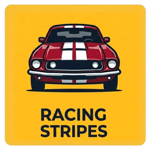 Red sports car with white racing stripes on a yellow background, labeled “RACING STRIPES”