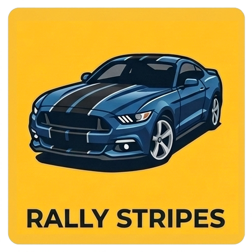 Blue sports car with white rally stripes on a yellow background, labeled “RALLY STRIPES”