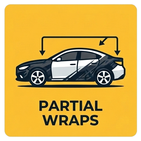 Black car with white partial wrap on yellow background, labeled “PARTIAL WRAPS”