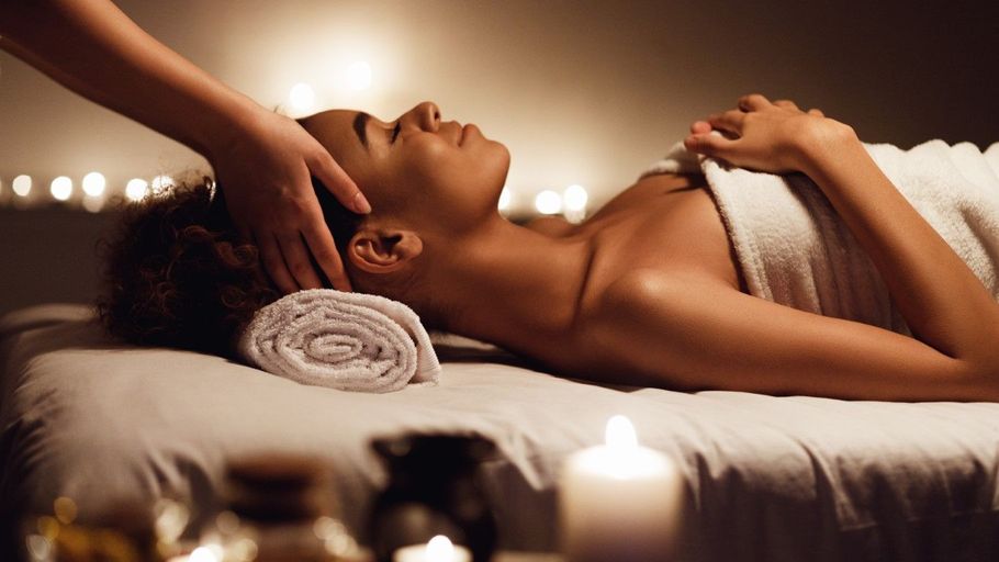 Relaxed person receiving a spa massage on a candlelit table, with rolled towels nearby.
