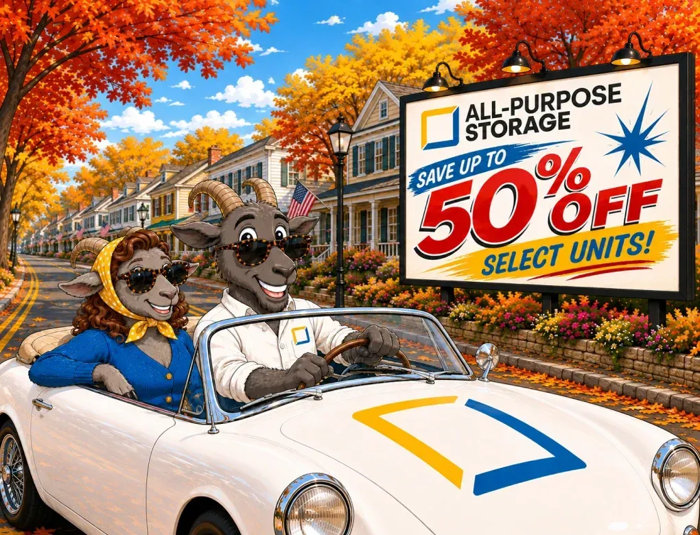 Mascot characters in a convertible advertise an all-purpose storage sale, “Save up to 50% off select units!”