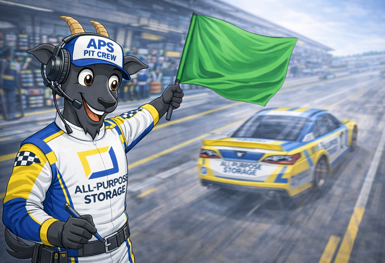 A cartoon goat in a pit crew uniform waves a green flag at a race track as a race car speeds by.