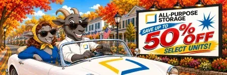 Mascot characters in a convertible advertise an all-purpose storage sale, “Save up to 50% off select units!”