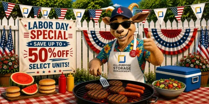 Labor Day grill sale sign with $50 off select units, burgers cooking, and a man in a hat at a barbecue display