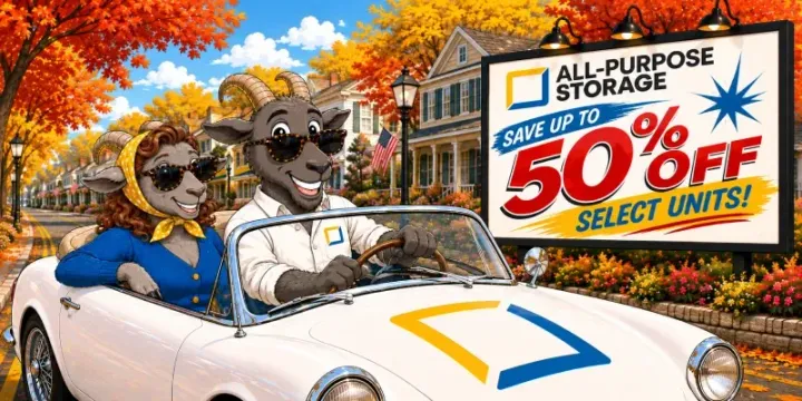 Mascot characters in a convertible advertise an all-purpose storage sale, “Save up to 50% off select units!”