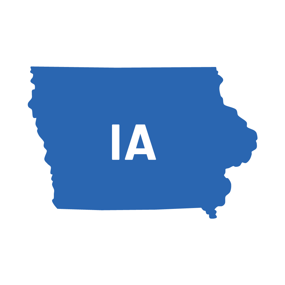 Blue outline of Iowa with the letters 
