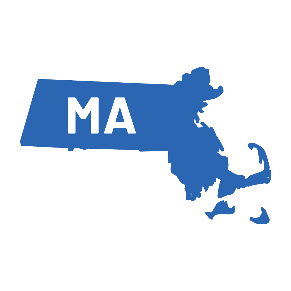 Blue silhouette of Massachusetts with 