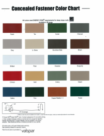 Concealed Fastener Color Chart with multiple paint swatches and Valspar branding on a white background