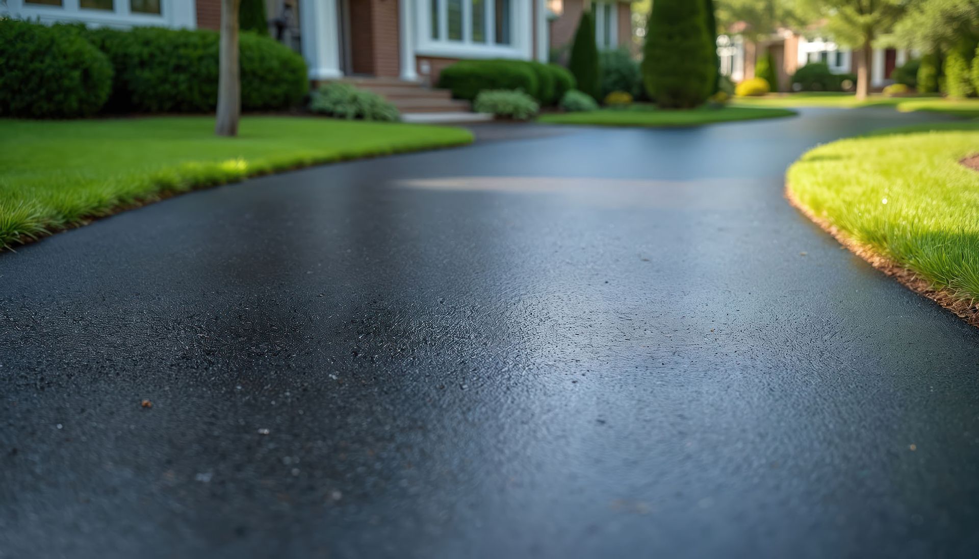 Freshly sealed asphalt driveway.
