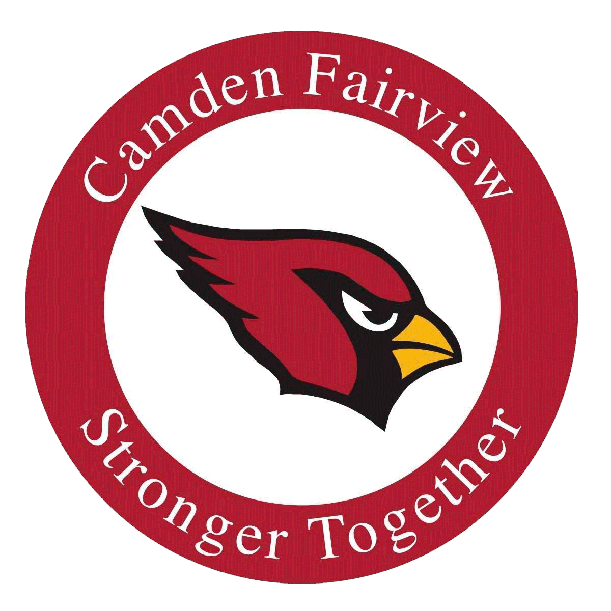 A cardinal bird logo inside a red circle with the text