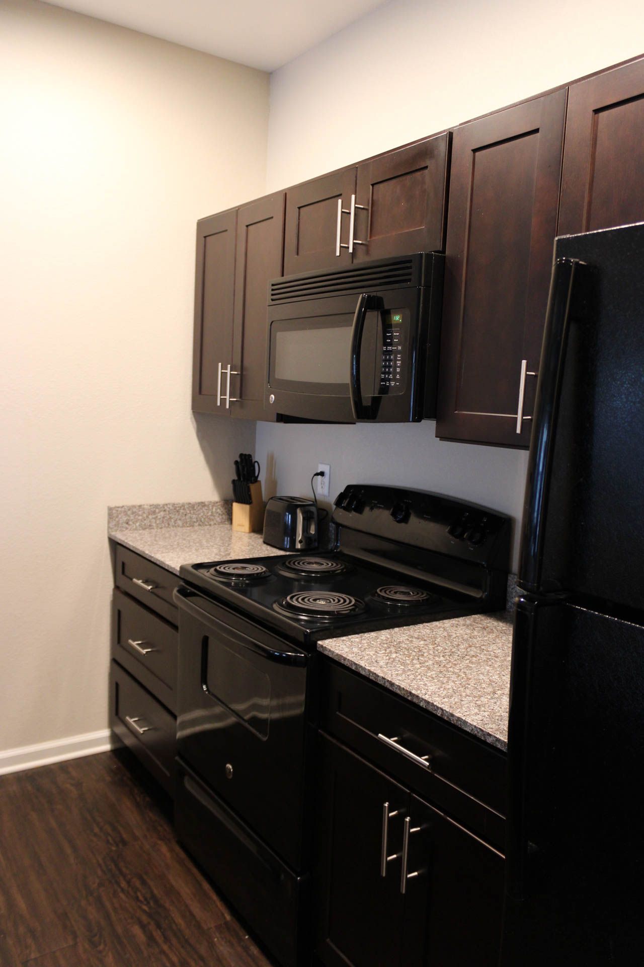 A kitchen with black cabinets , a black stove , a black refrigerator , and a microwave.