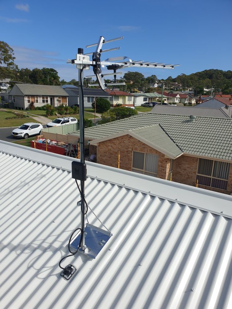 Rooftop TV Antenna Mounted on a Corrugated Metal Roof — MATV Systems Australia Pty Ltd in Wickham, NSW