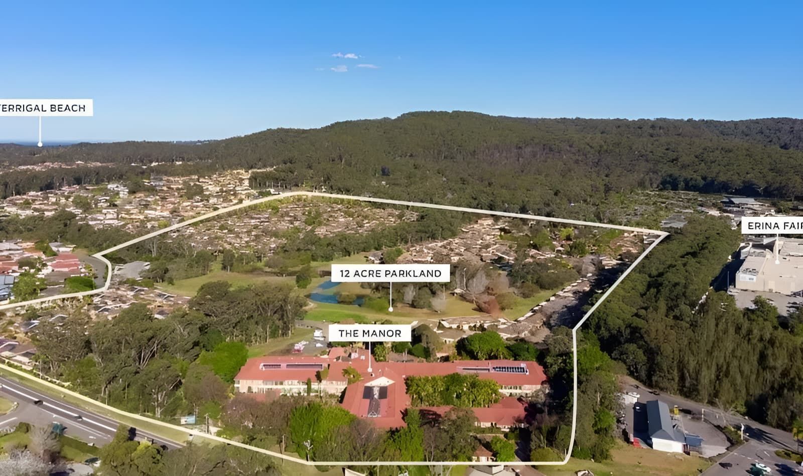 Aerial View of the 18-acre Farm Land With a Building Labeled the Manor — MATV Systems Australia Pty Ltd in Wickham, NSW