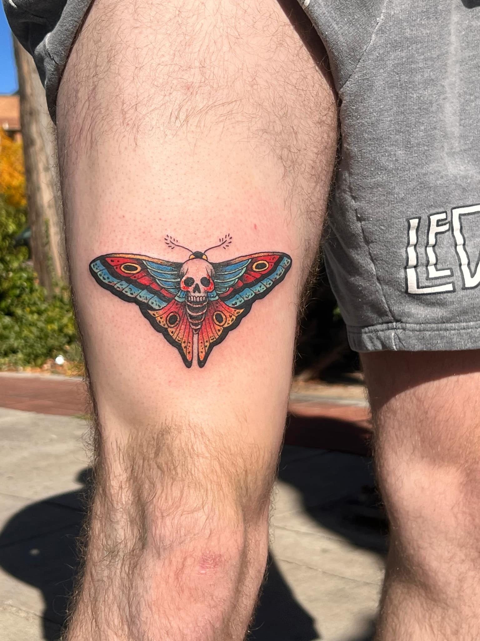 Colorful moth tattoo with skull on thigh.