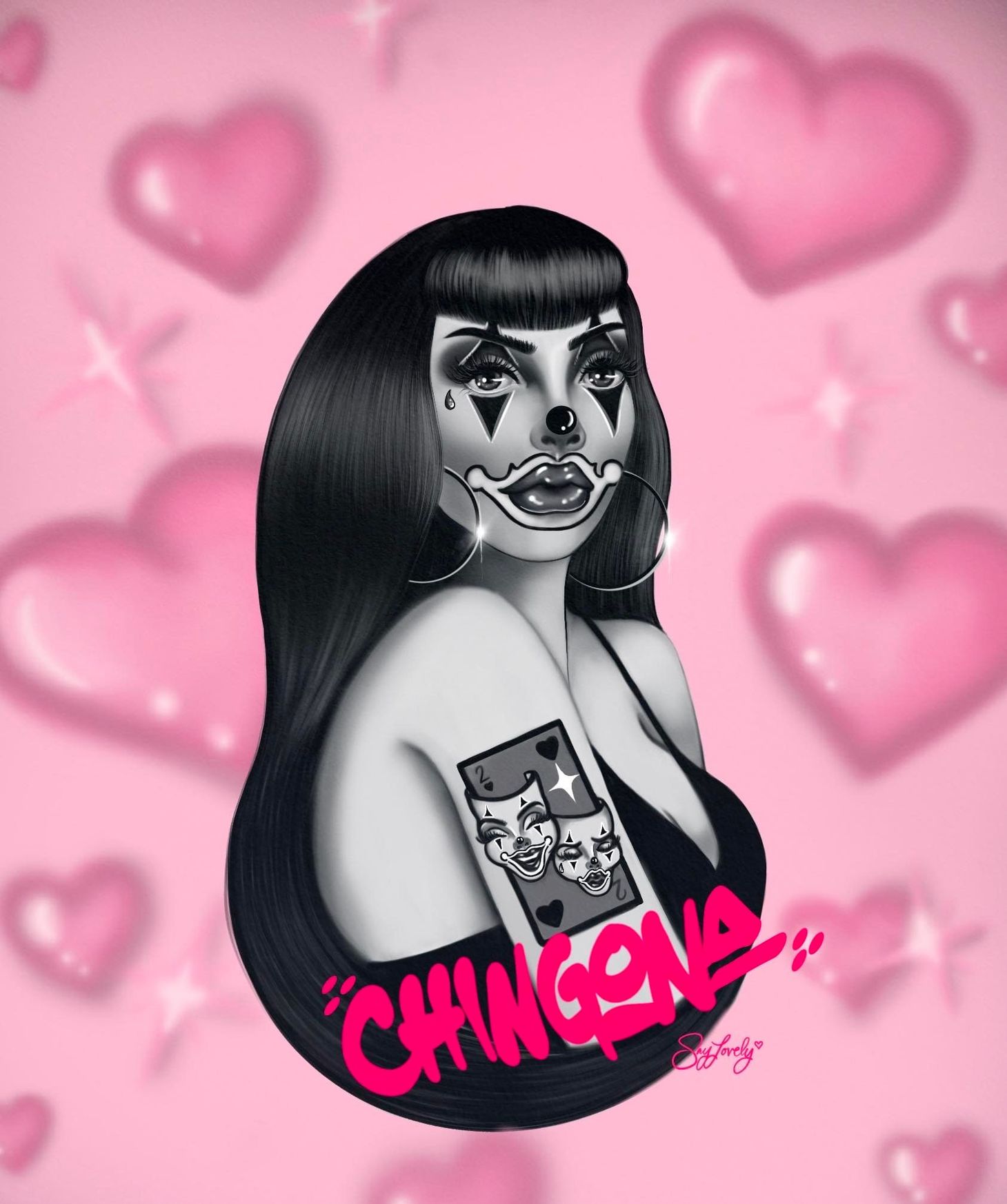 Woman with clown makeup, tattoo, black dress; pink hearts background.