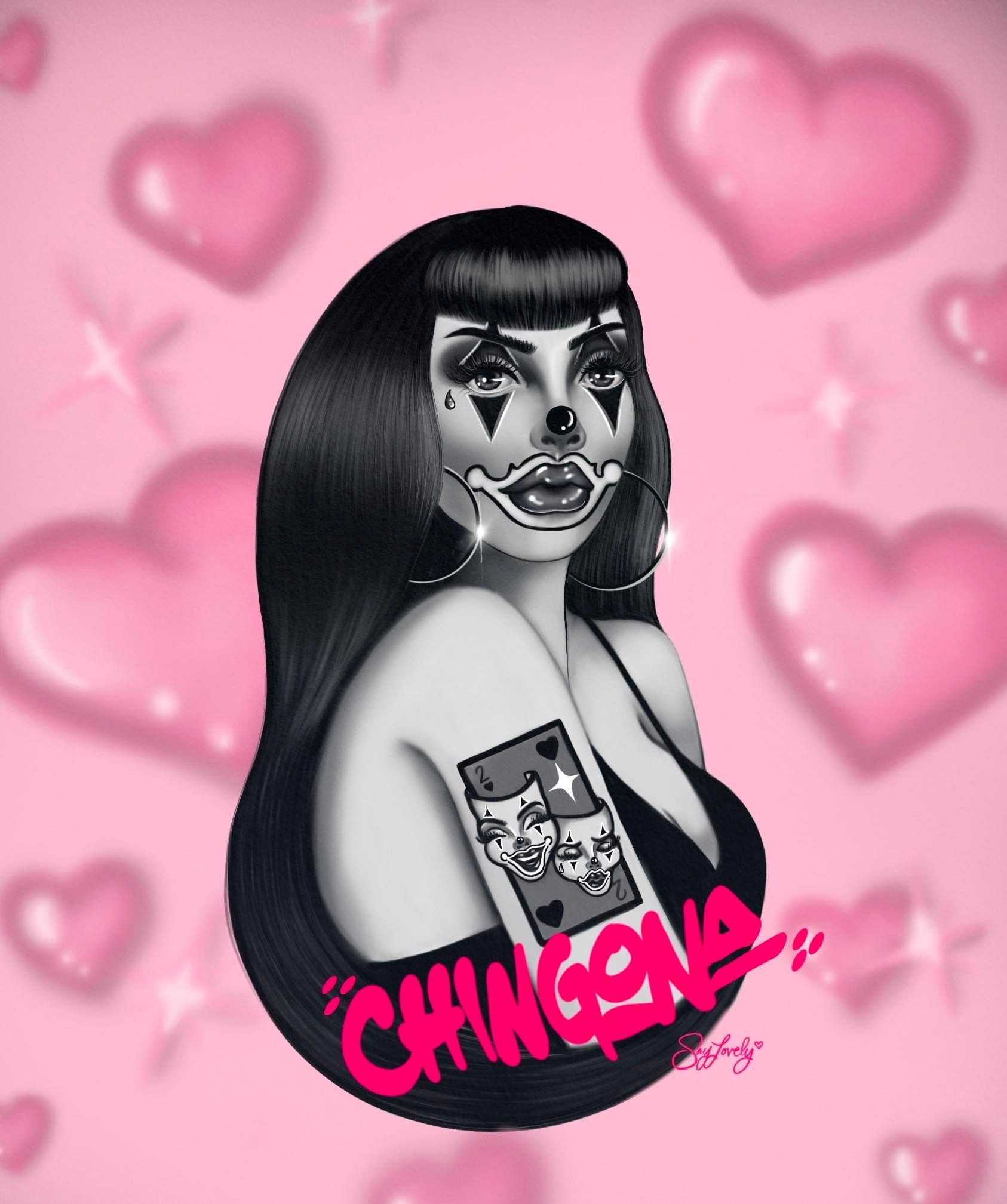 Clown-faced woman with black hair, black dress, heart tattoo. Pink background with hearts and sparkles.