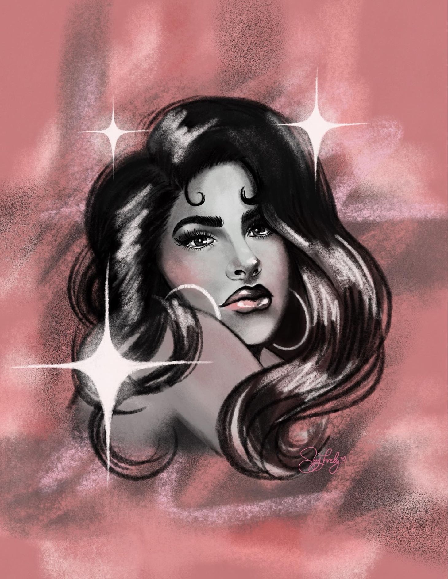 Woman with dark hair, wearing hoop earrings, over a pink background, with sparkles.