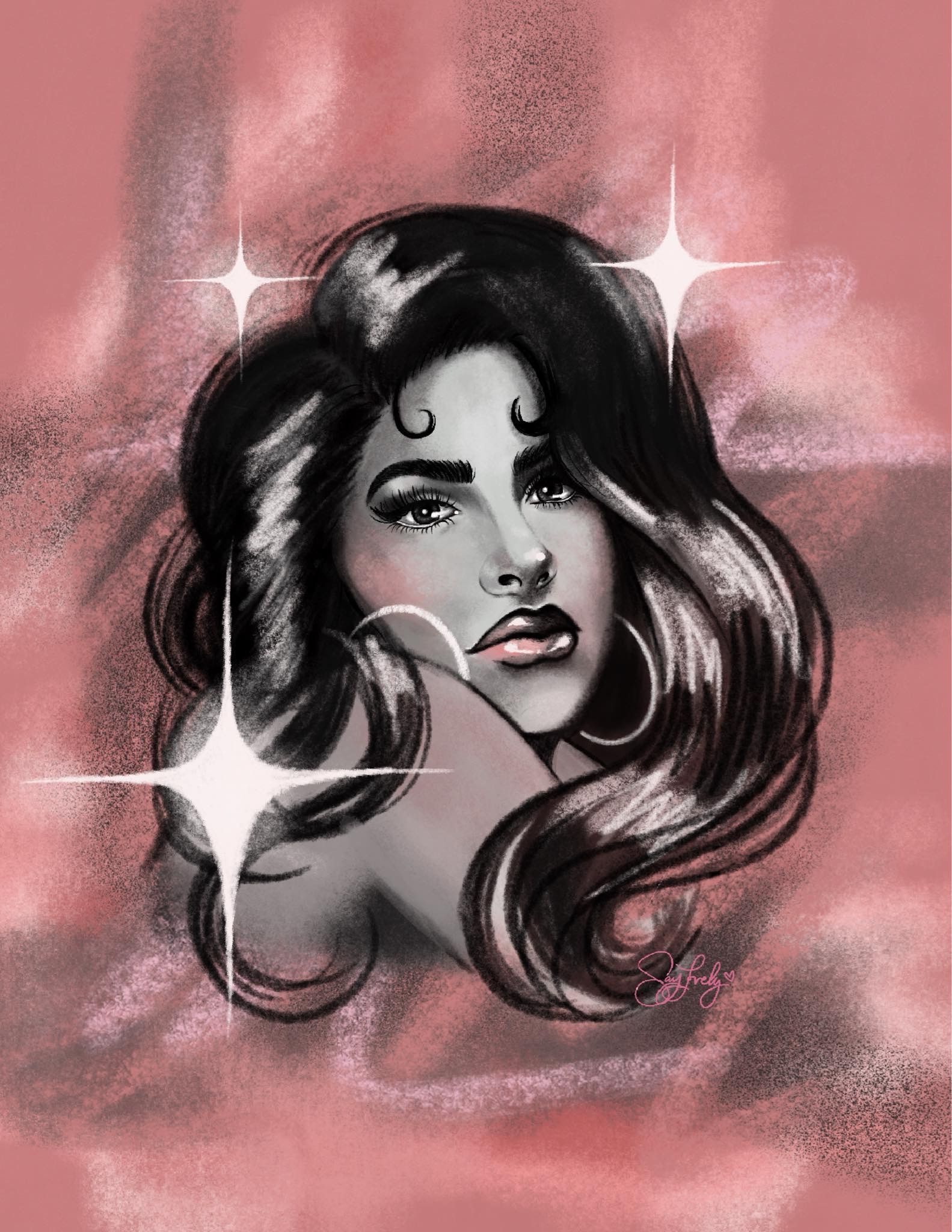 Portrait of a woman with dark hair and hoop earrings, on a pink, textured background with sparkle effects.