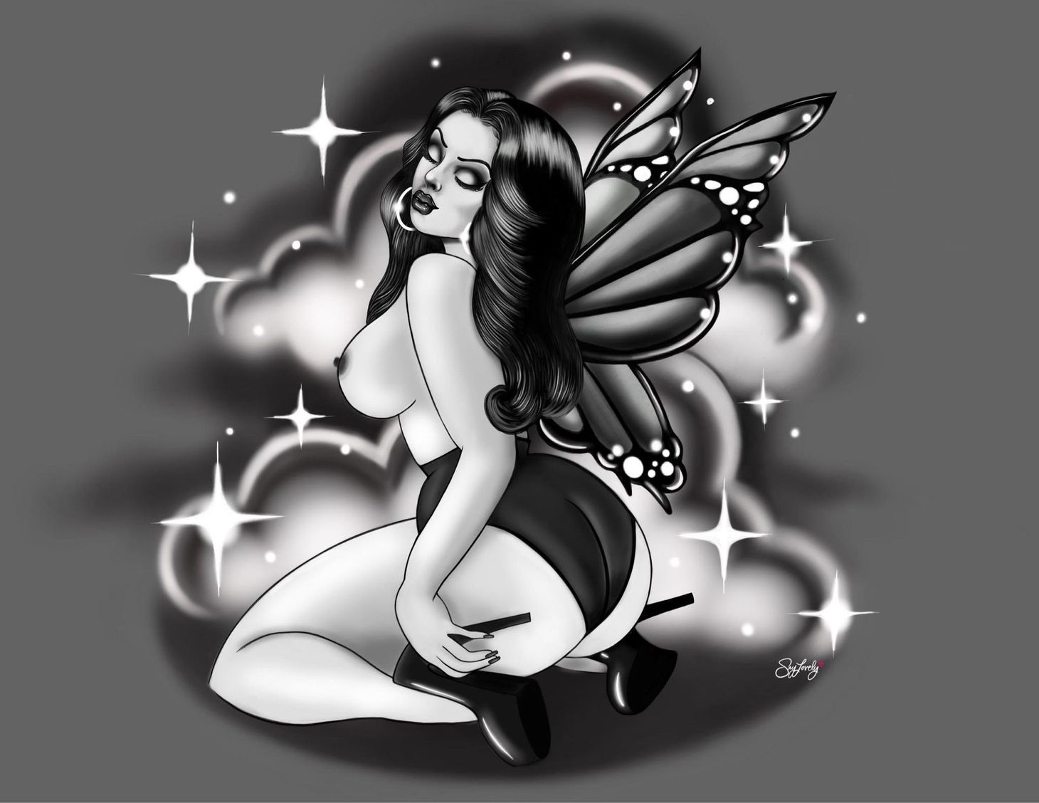 Black and white illustration of a woman with butterfly wings, kneeling, wearing shorts and heels