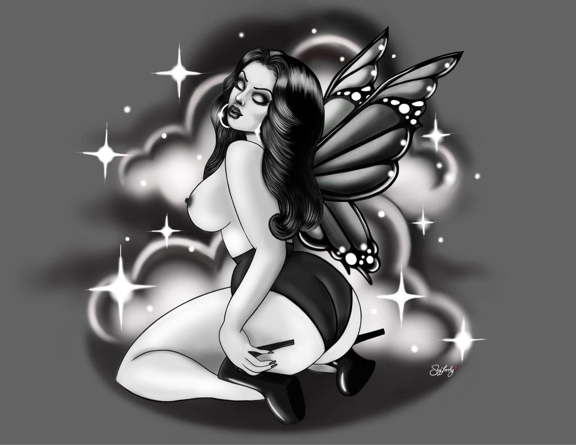 Woman with butterfly wings, kneeling, wearing shorts and heels, surrounded by clouds and stars.