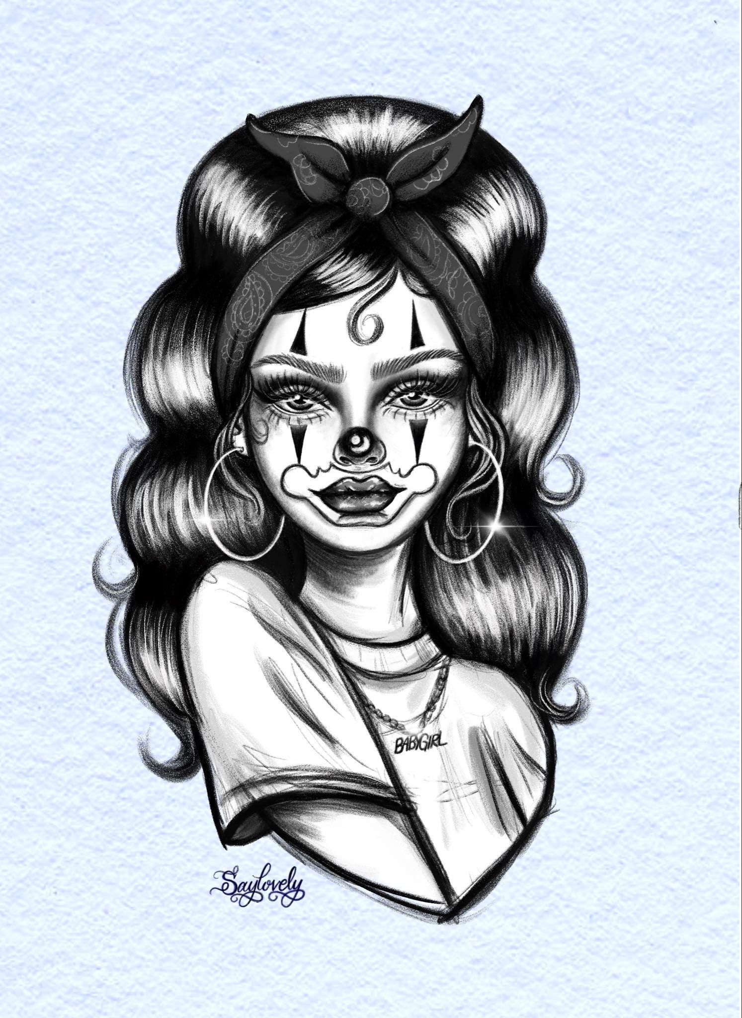 Woman with clown makeup and bandana.