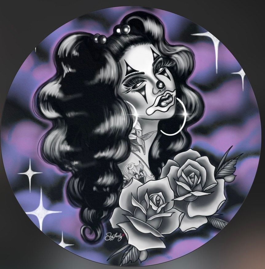 A clown-faced woman with dark hair and roses, black and white with a purple background.